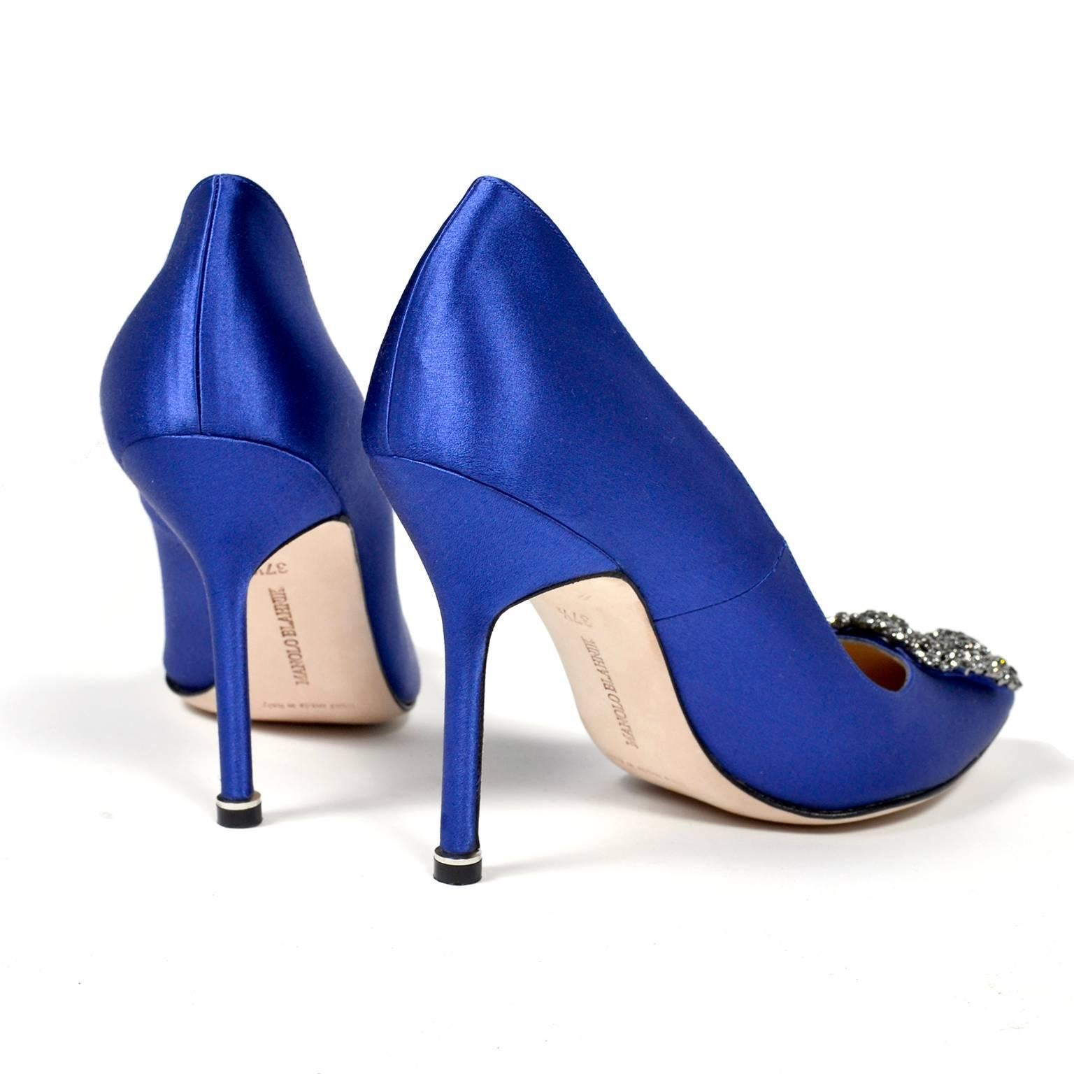 Women's New Manolo Blahnik Carrie Bradshaw Blue Satin Shoes Lanza Heels in box 37.5
