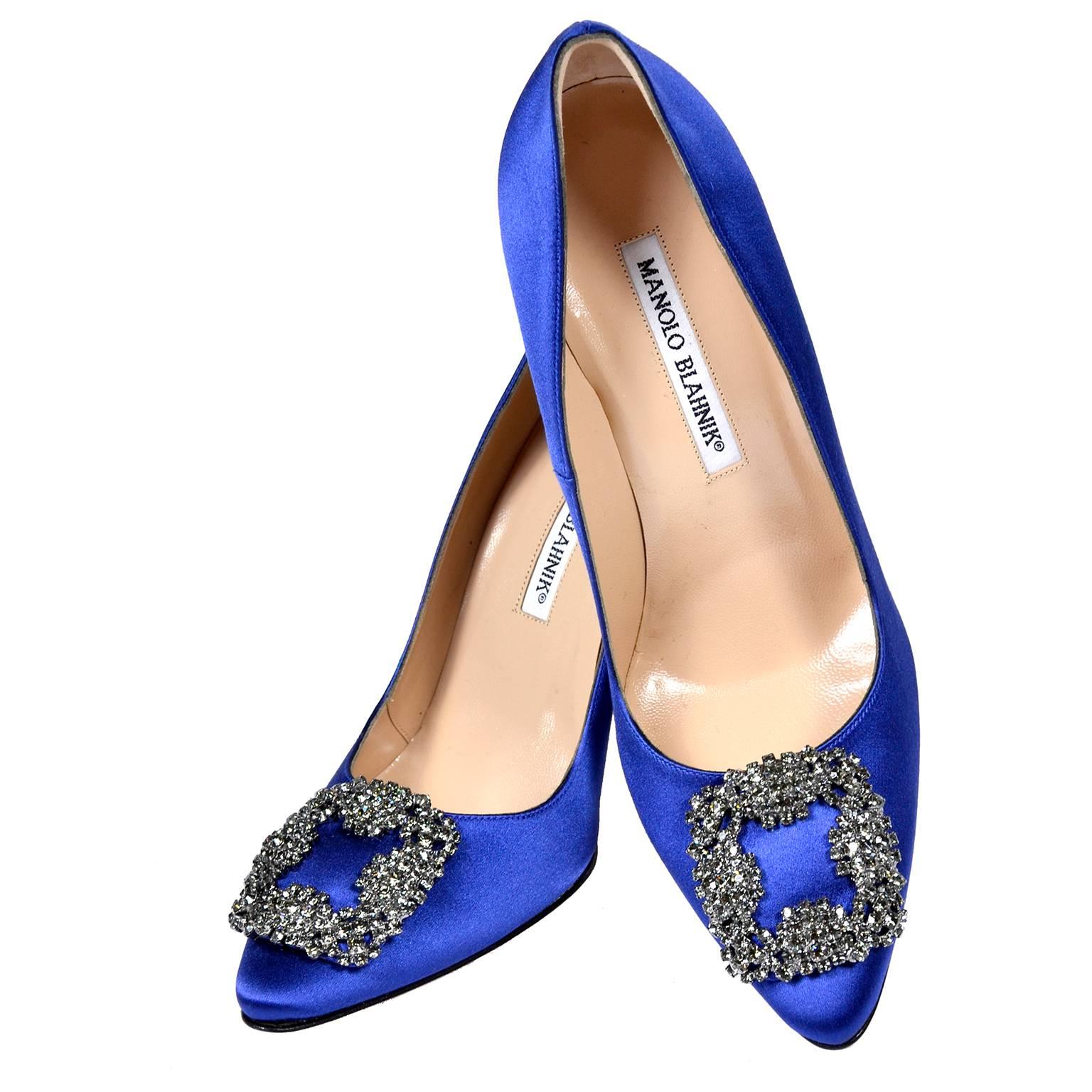 New Manolo Blahnik Carrie Bradshaw Blue Satin Shoes Lanza Heels in box 37.5  at 1stDibs