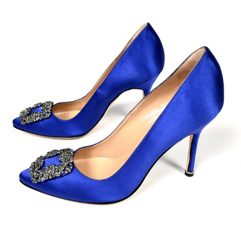 New Manolo Blahnik Carrie Bradshaw Blue Satin Shoes Lanza Heels in box ...