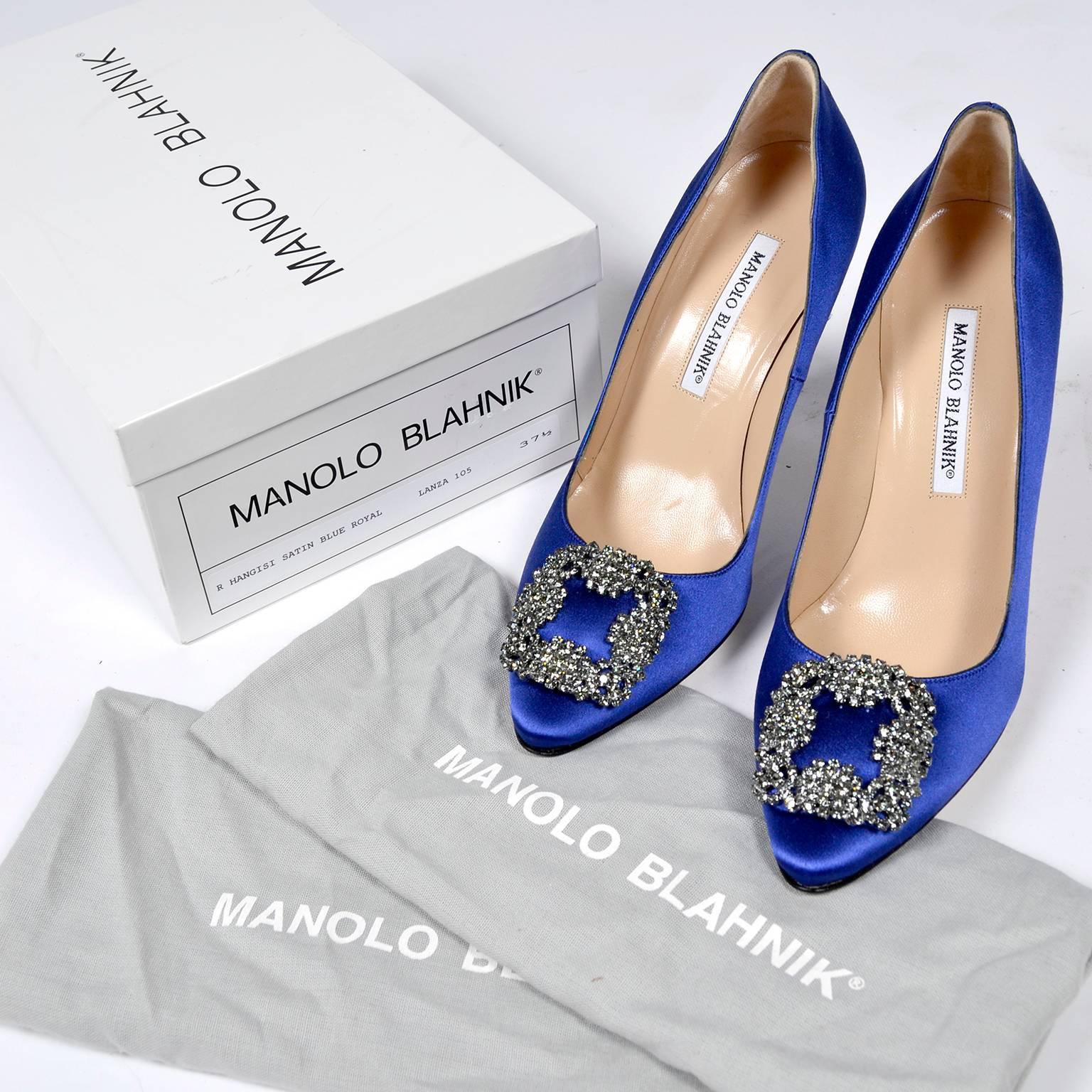 We love these Manolo Blahnik R Hangisi satin blue royal Lanza 105 size 37.5 shoes. These gorgeous blue satin shoes come with their original dust bags and box.  These Manolo Blahnik heels still retail for over $950 and were the same style worn by