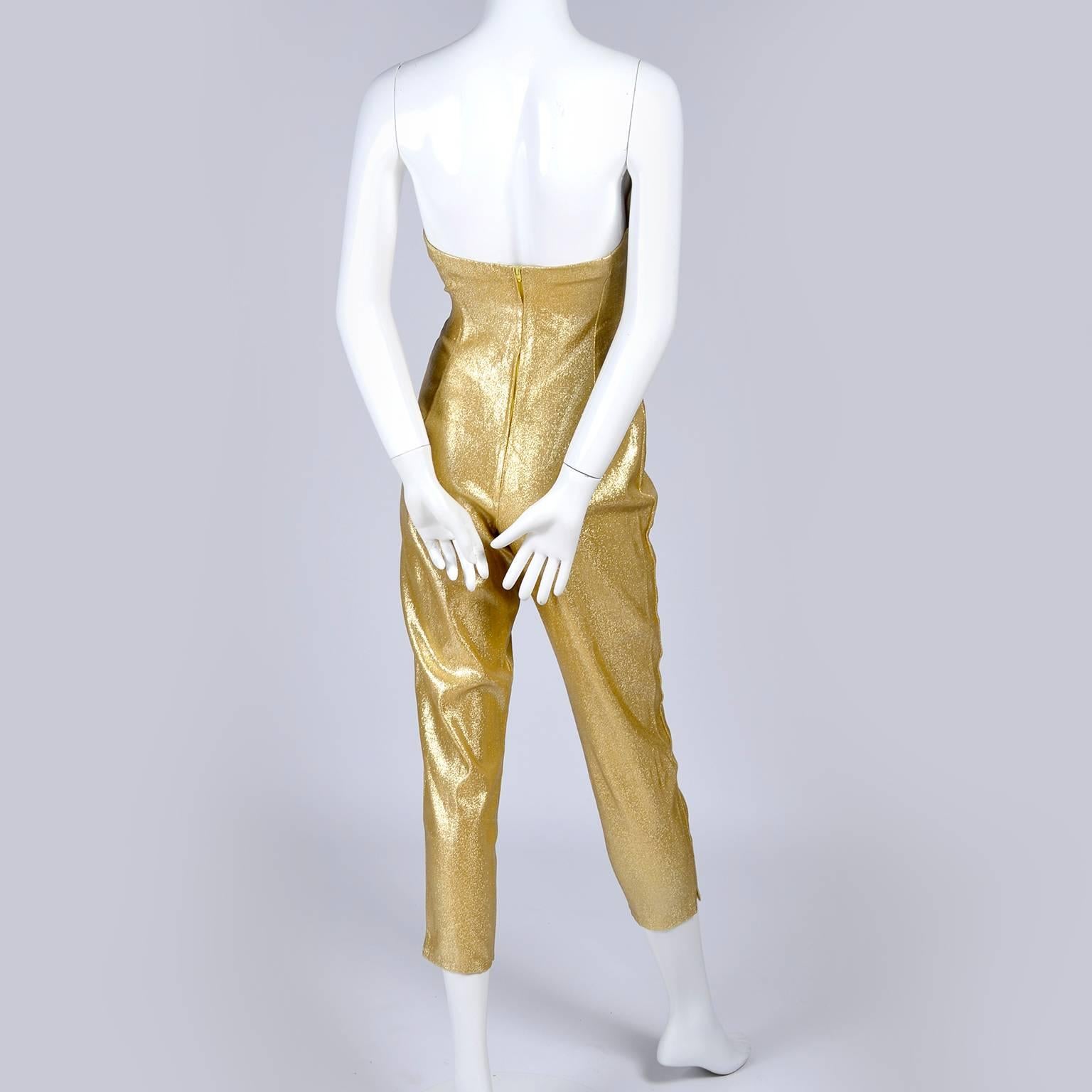 1950s Rare Vintage Jumpsuit Strapless in Gold Lurex With Rhinestones & Pearls   In Excellent Condition In Portland, OR
