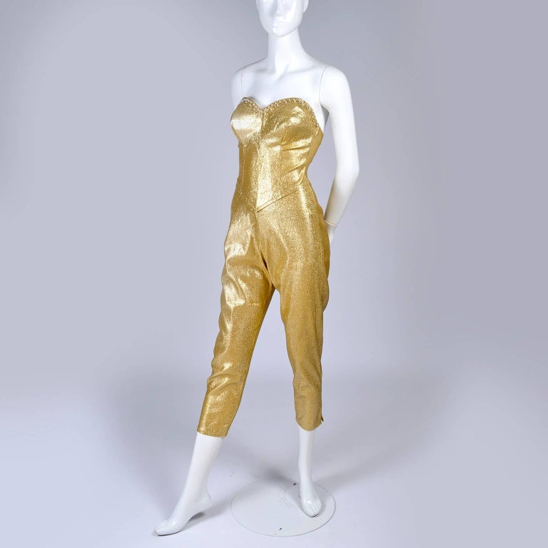 1950s Rare Vintage Jumpsuit Strapless in Gold Lurex With Rhinestones