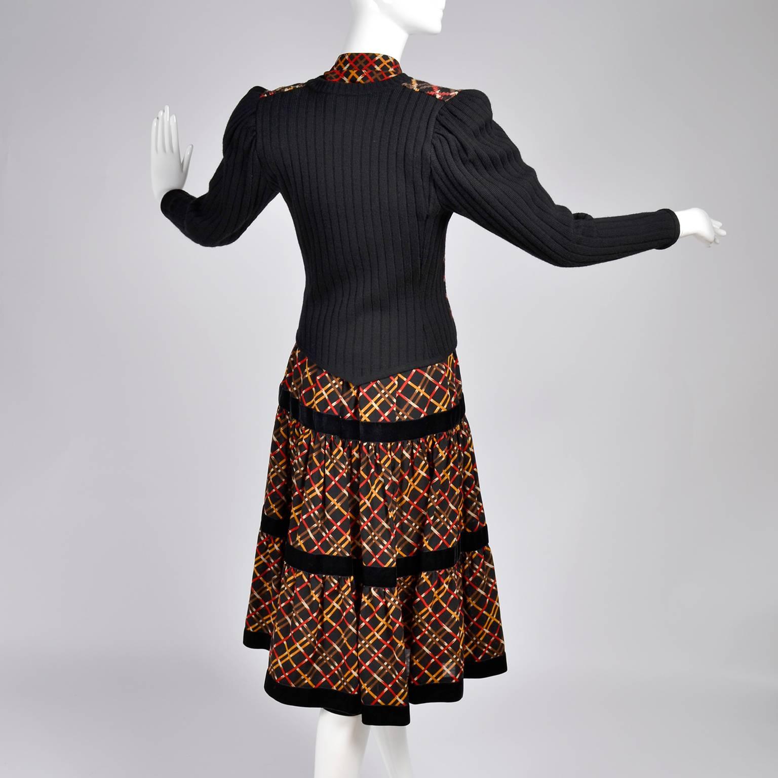 1970s YSL Yves Saint Laurent Russian Collection Plaid Skirt Blouse & Sweater Set 1