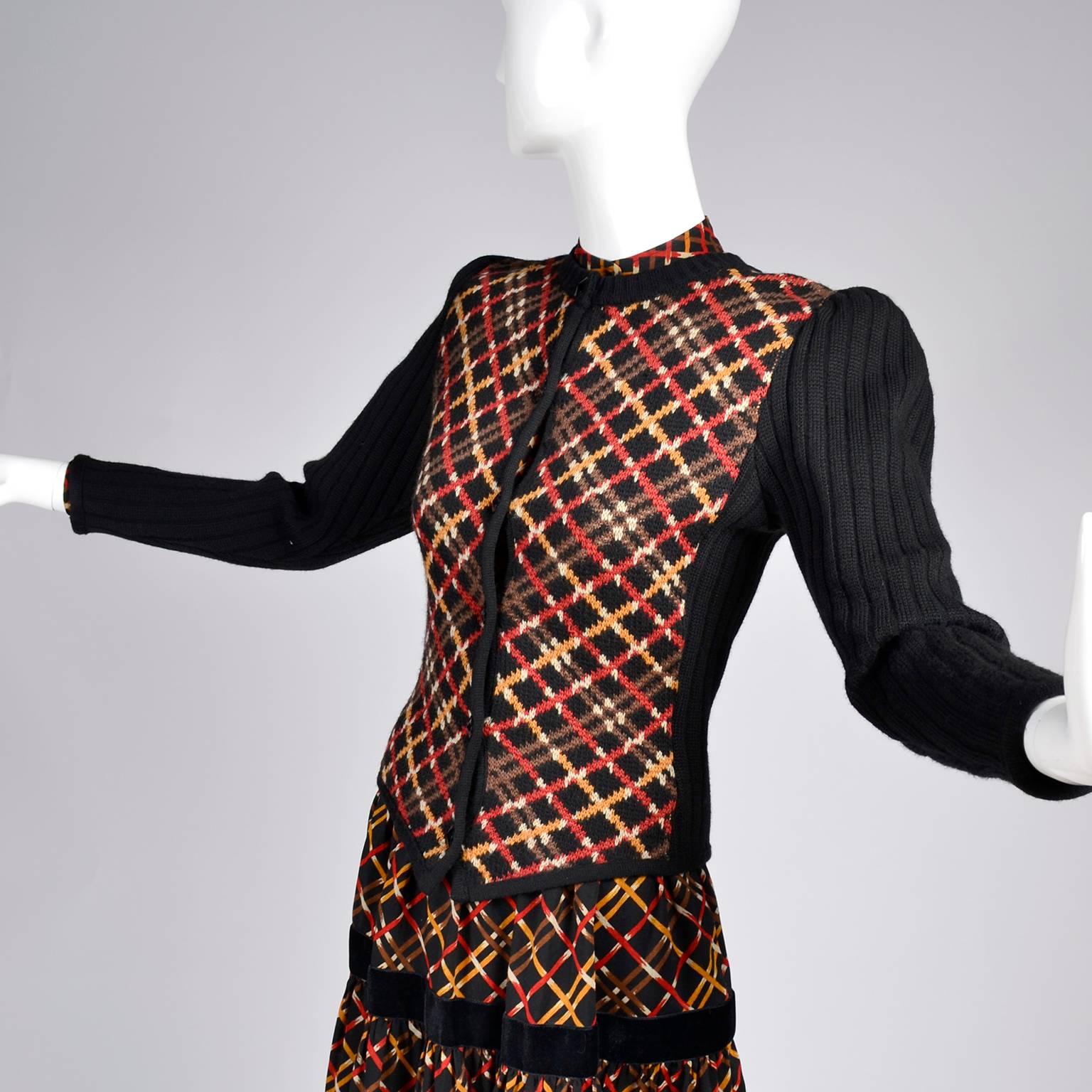 Women's 1970s YSL Yves Saint Laurent Russian Collection Plaid Skirt Blouse & Sweater Set