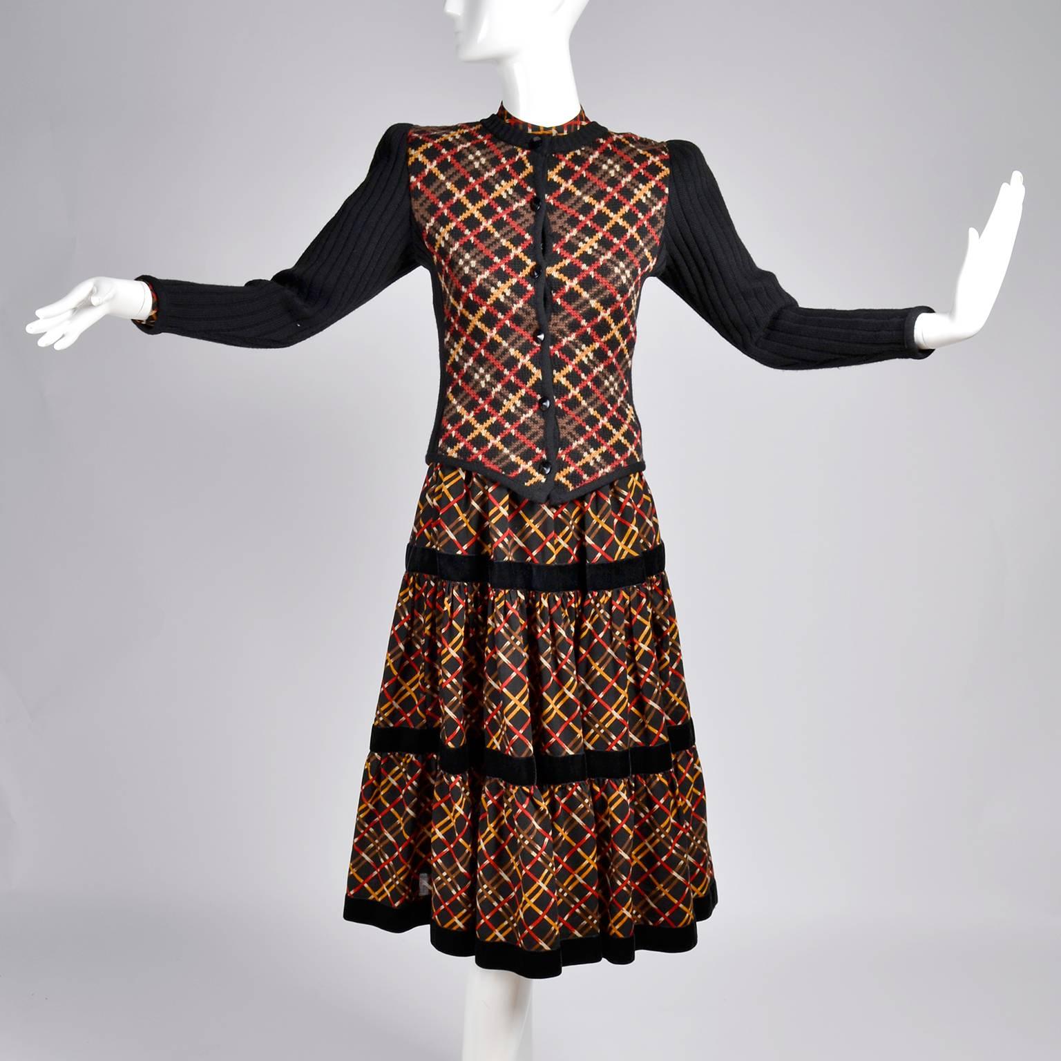 1970s YSL Yves Saint Laurent Russian Collection Plaid Skirt Blouse & Sweater Set 2