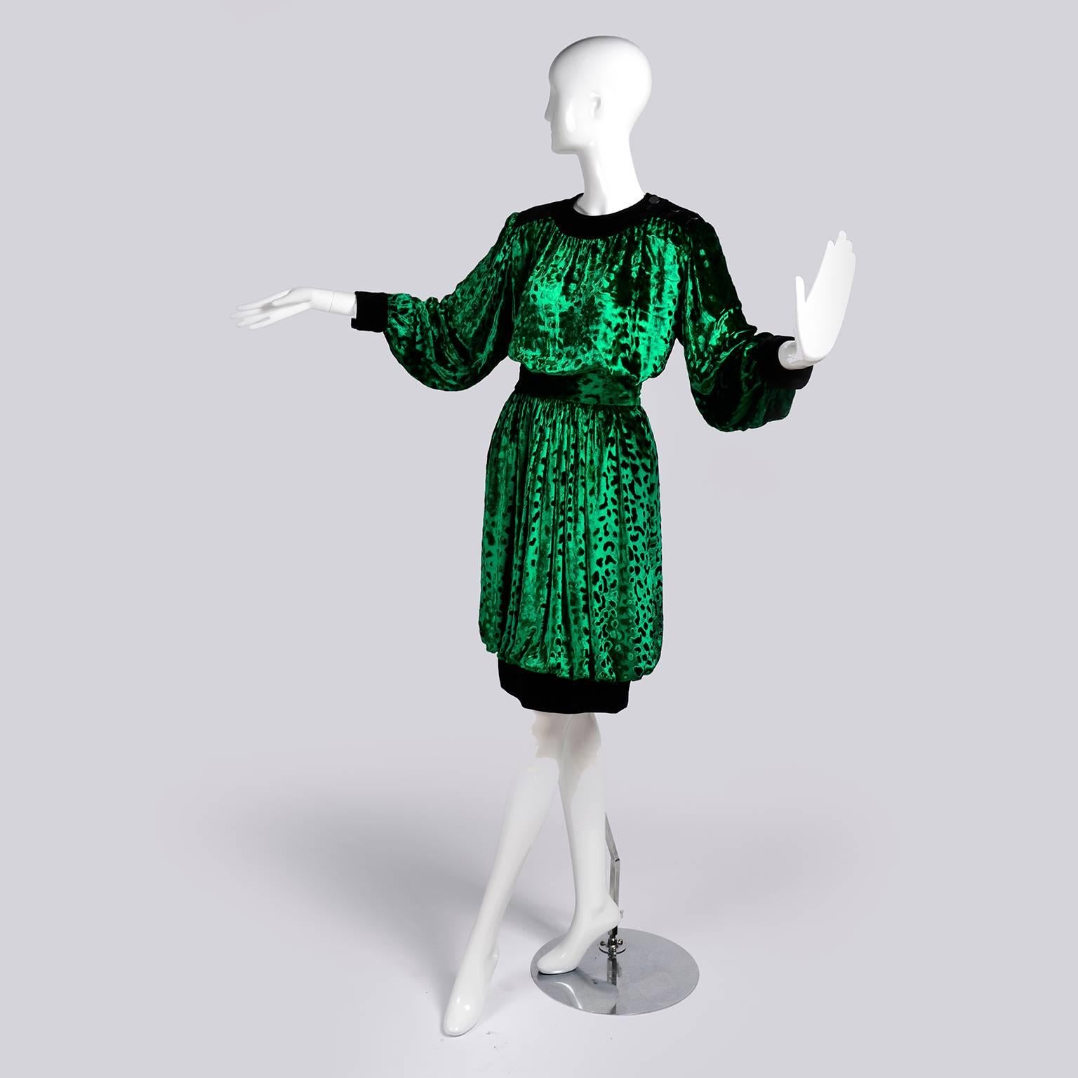 Yves Saint Laurent YSL Vintage Green Velvet 2pc Dress Bubble Skirt & Top Outfit 1