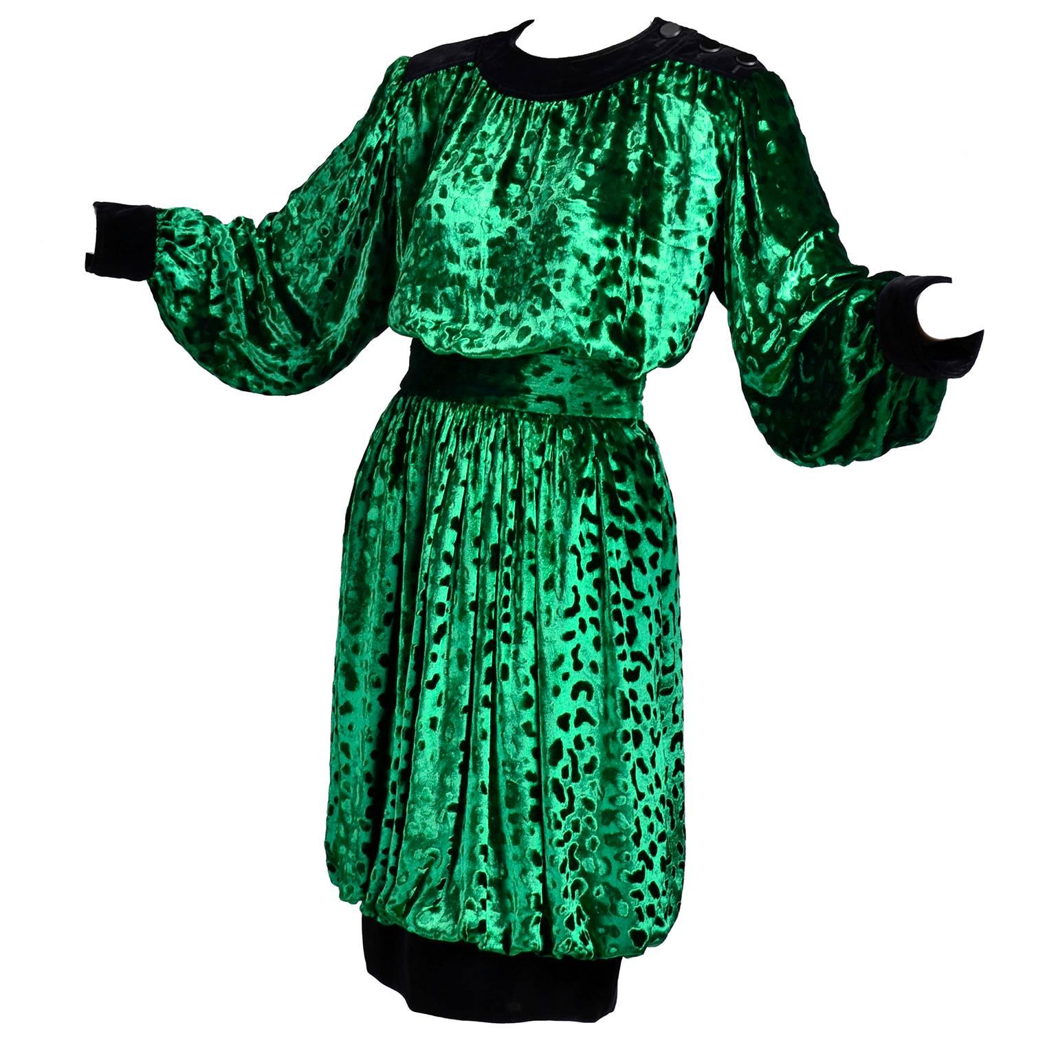 Yves Saint Laurent YSL Vintage Green Velvet 2pc Dress Bubble Skirt & Top Outfit