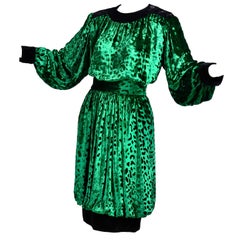 Yves Saint Laurent YSL Vintage Green Velvet 2pc Dress Bubble Skirt & Top Outfit