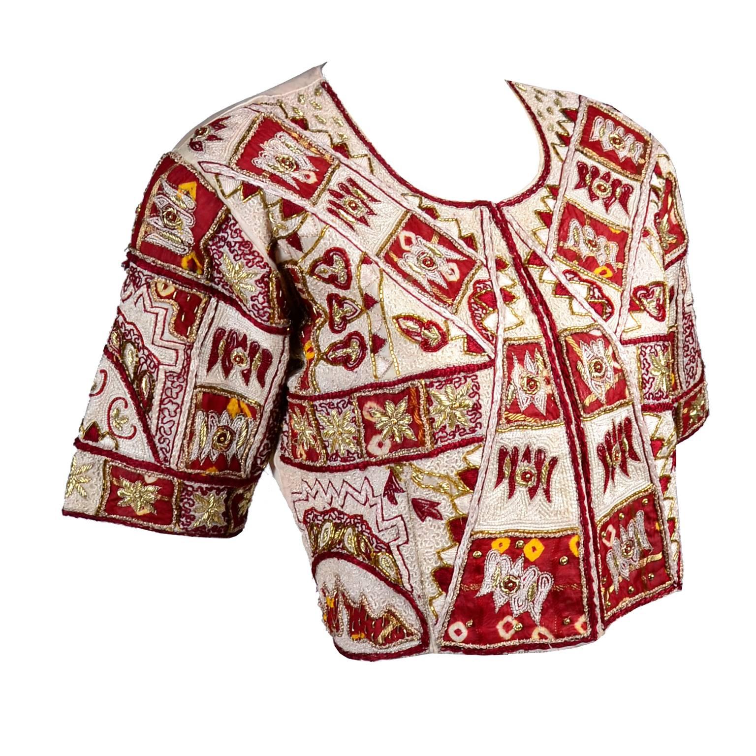 Vintage Choli or Saree Blouse in Maroon and Ivory Silk Gold Metallic Embroidery 