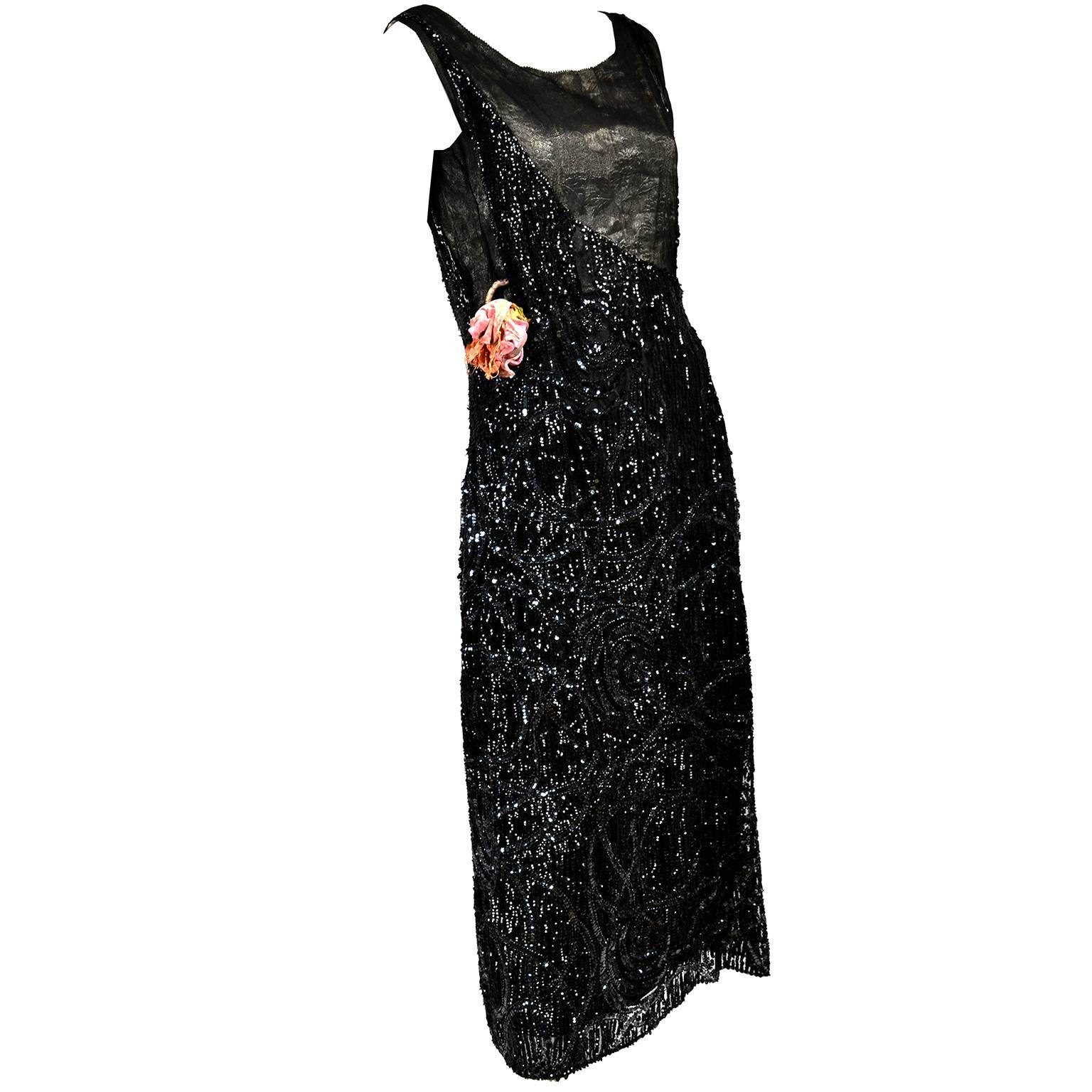 Vintage Flapper 1920's Dress Black Beaded With Sequins