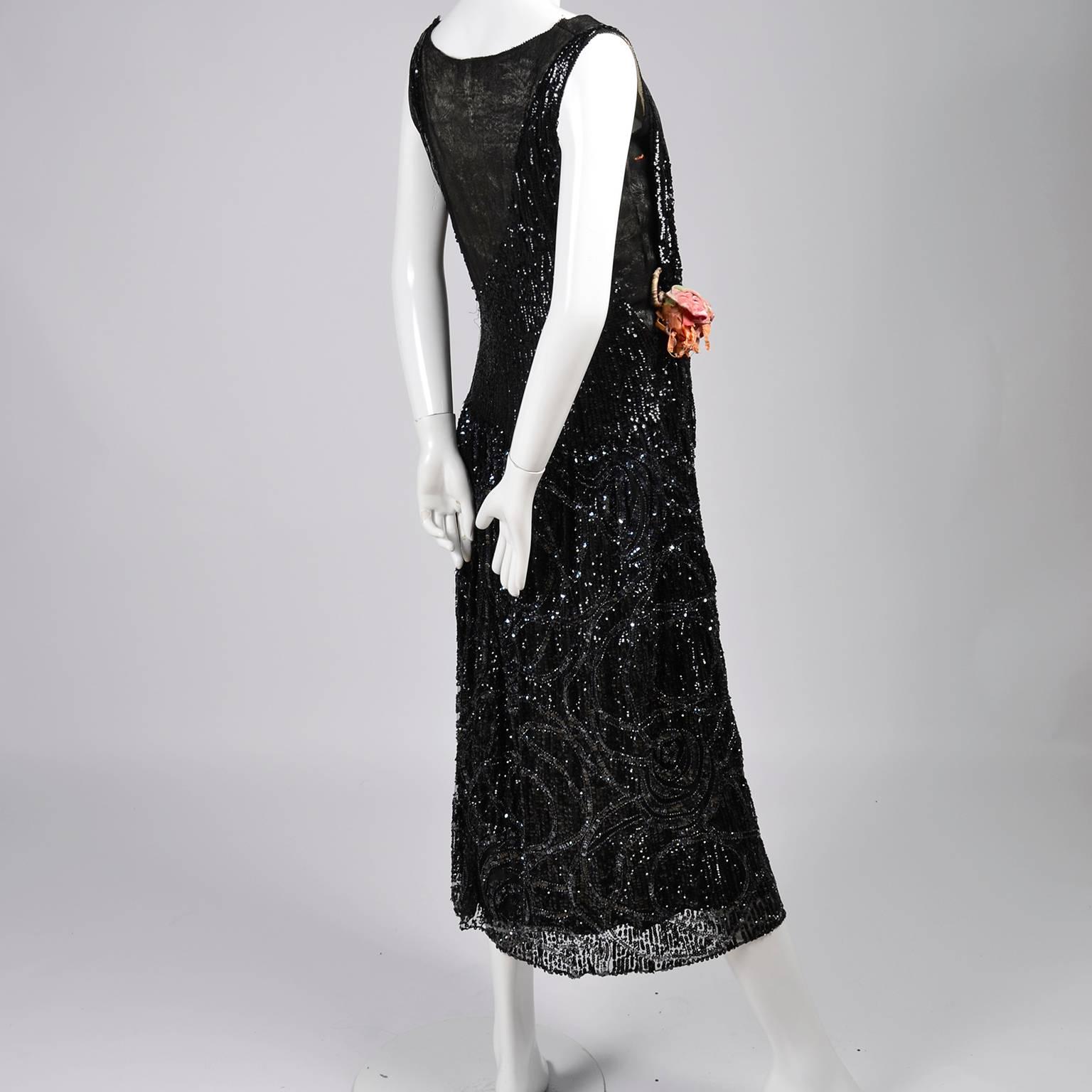 Vintage Flapper 1920's Dress Black Beaded With Sequins In Good Condition In Portland, OR