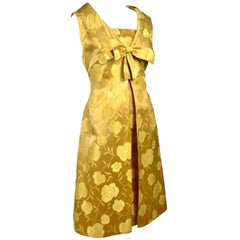 1960s Vintage Cocktail Dress Gold Brocade Satin W/ Sleeveless Bow Overdress