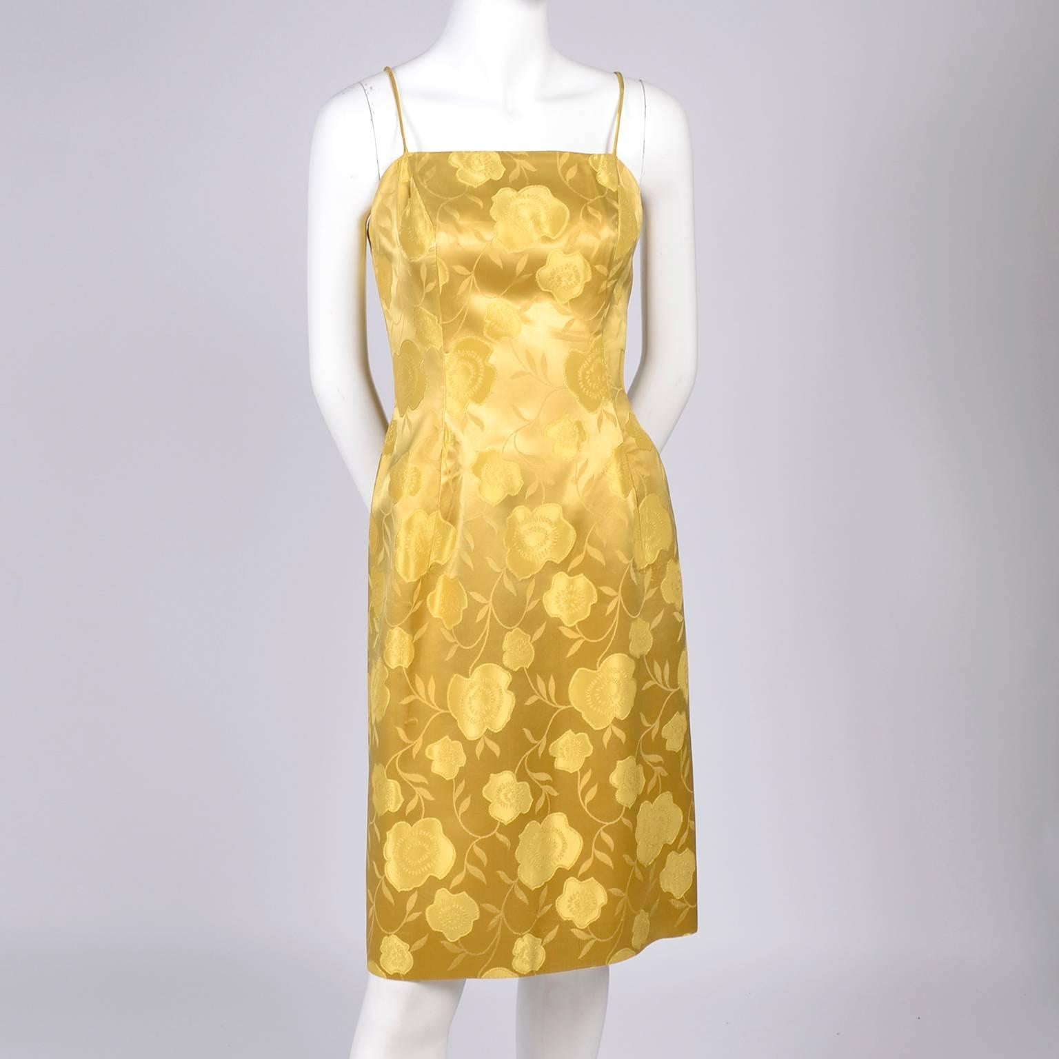 1960s Vintage Cocktail Dress Gold Brocade Satin W/ Sleeveless Bow Overdress 1