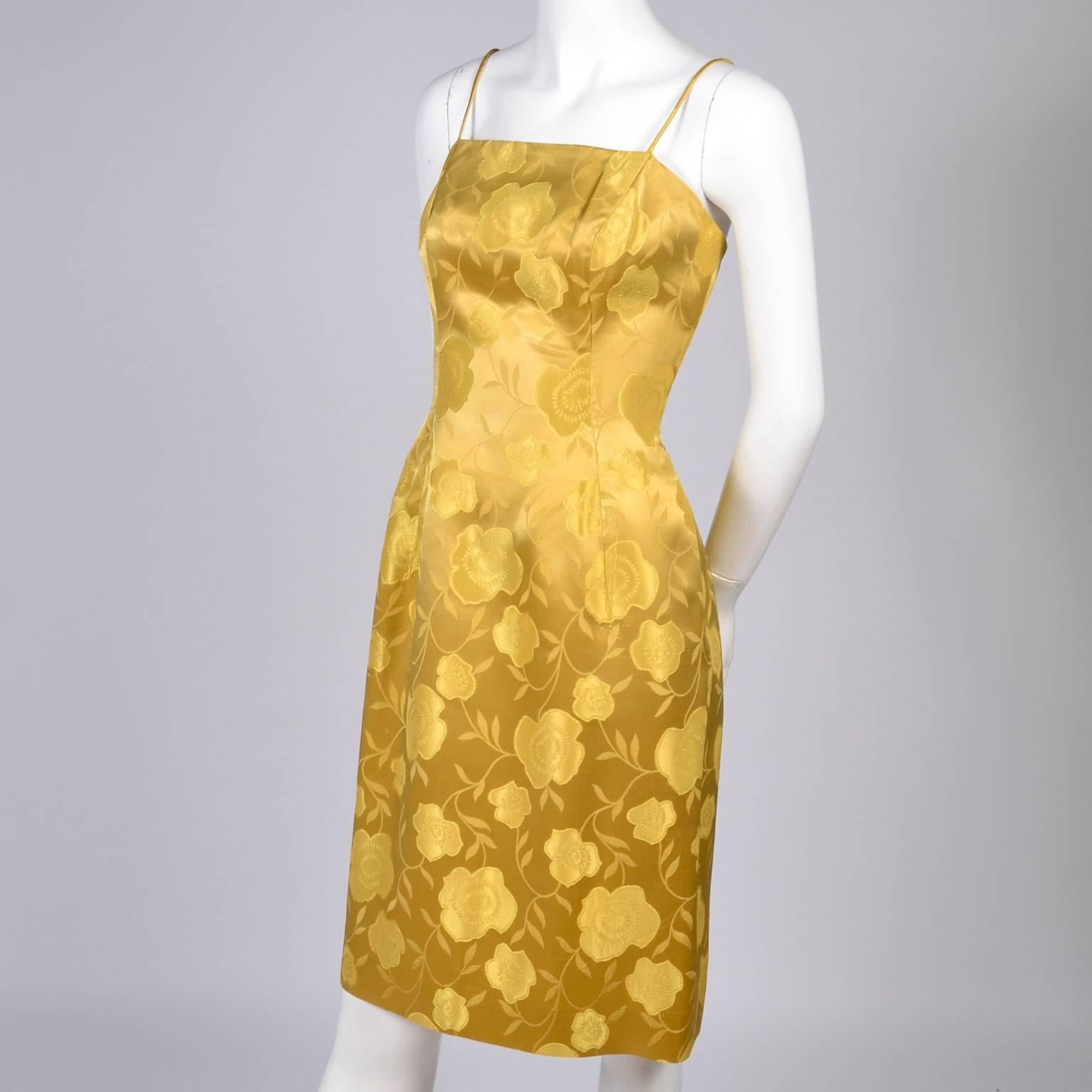 1960s Vintage Cocktail Dress Gold Brocade Satin W/ Sleeveless Bow Overdress In Excellent Condition In Portland, OR