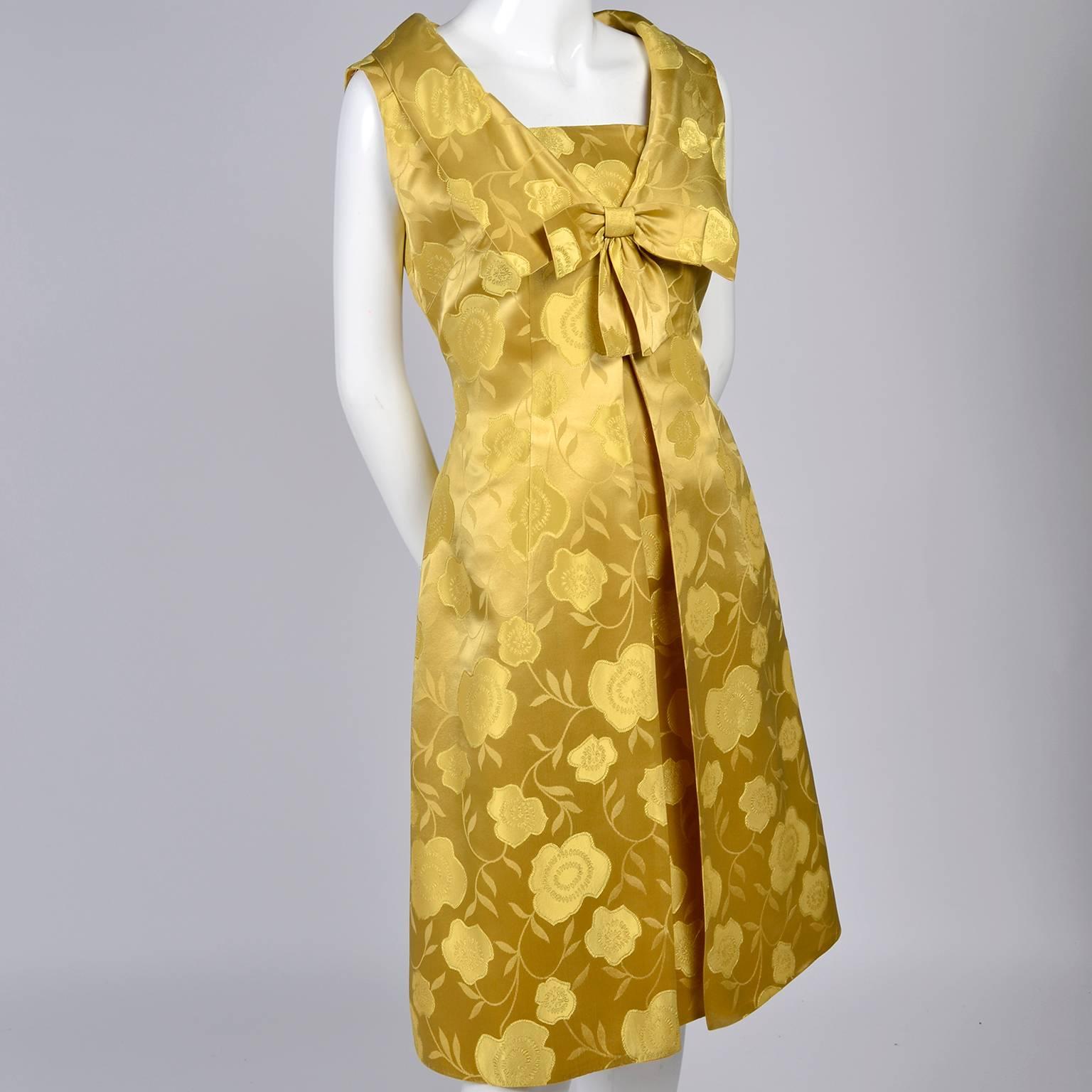 Brown 1960s Vintage Cocktail Dress Gold Brocade Satin W/ Sleeveless Bow Overdress