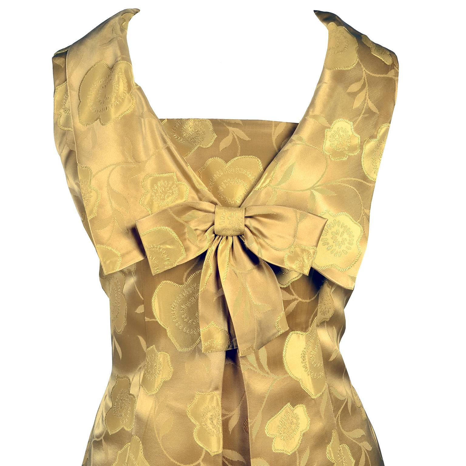 1960s Vintage Cocktail Dress Gold Brocade Satin W/ Sleeveless Bow Overdress 3