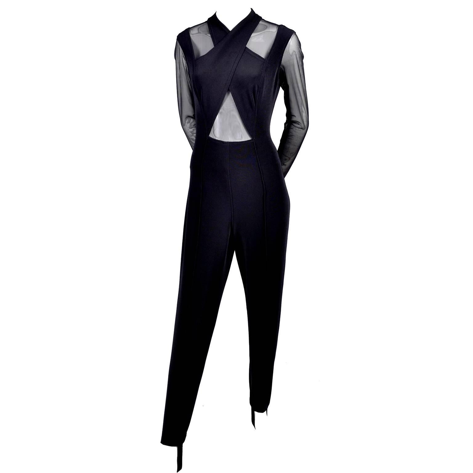Black Stretch Tadashi Vintage Jumpsuit With Stirrups Sheer Illusion Halter