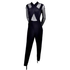 Black Stretch Tadashi Retro Jumpsuit With Stirrups Sheer Illusion Halter