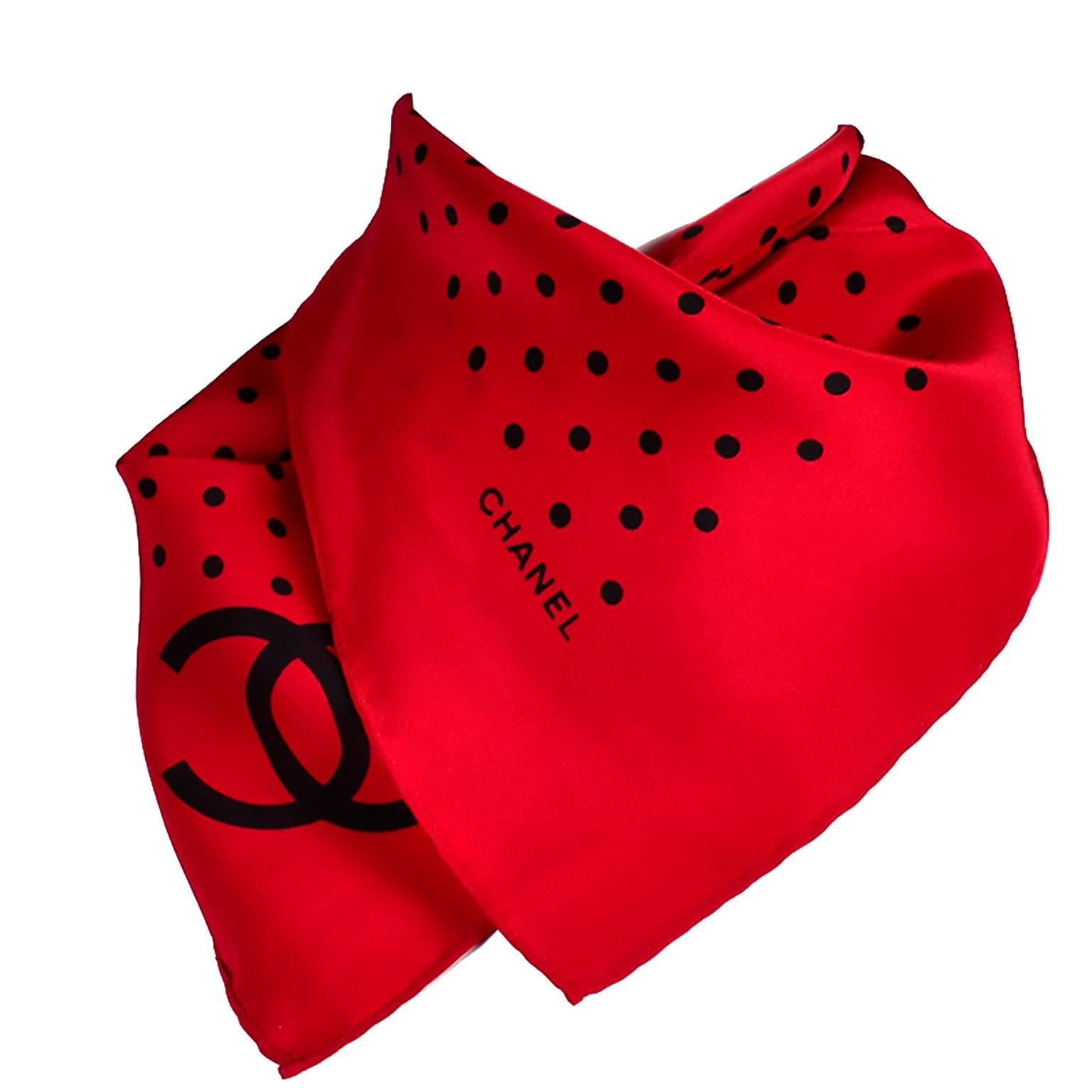 Women's Vintage Chanel Scarf in Red & Black Dots Silk CC Logo Perfect Holiday Gift