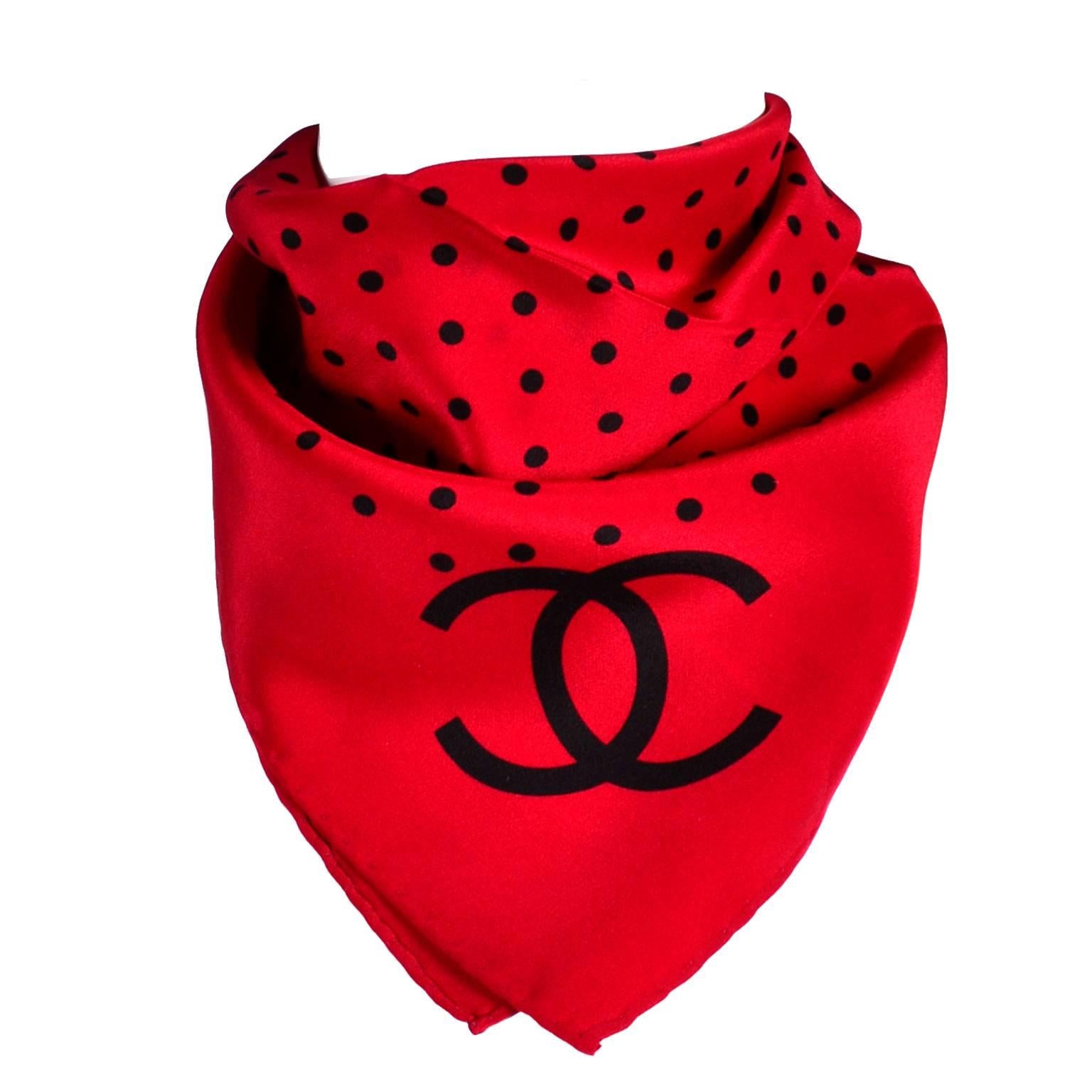 Vintage Chanel Scarf in Red & Black Dots Silk CC Logo Perfect Holiday Gift