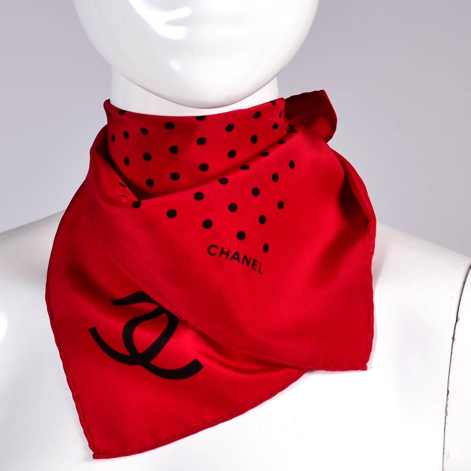 Vintage Chanel Scarf in Red & Black Dots Silk CC Logo Perfect Holiday Gift In Excellent Condition In Portland, OR