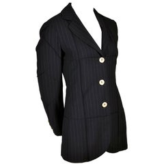 1990s Vintage Moschino Blazer in Navy Blue Pinstripe Wool Blend US Size 6