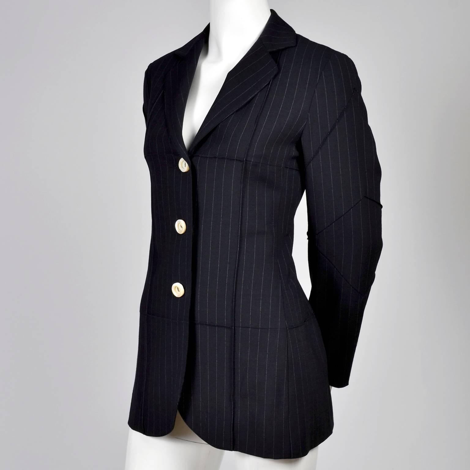 Black 1990s Vintage Moschino Blazer in Navy Blue Pinstripe Wool Blend US Size 6