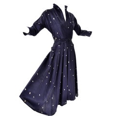 1950's Vintage Dress in Blue and White Silk Print From Designer Clothing Estate