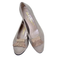 Vintage Ferragamo Shoes in Neutral Suede With Fringe in Size 8B
