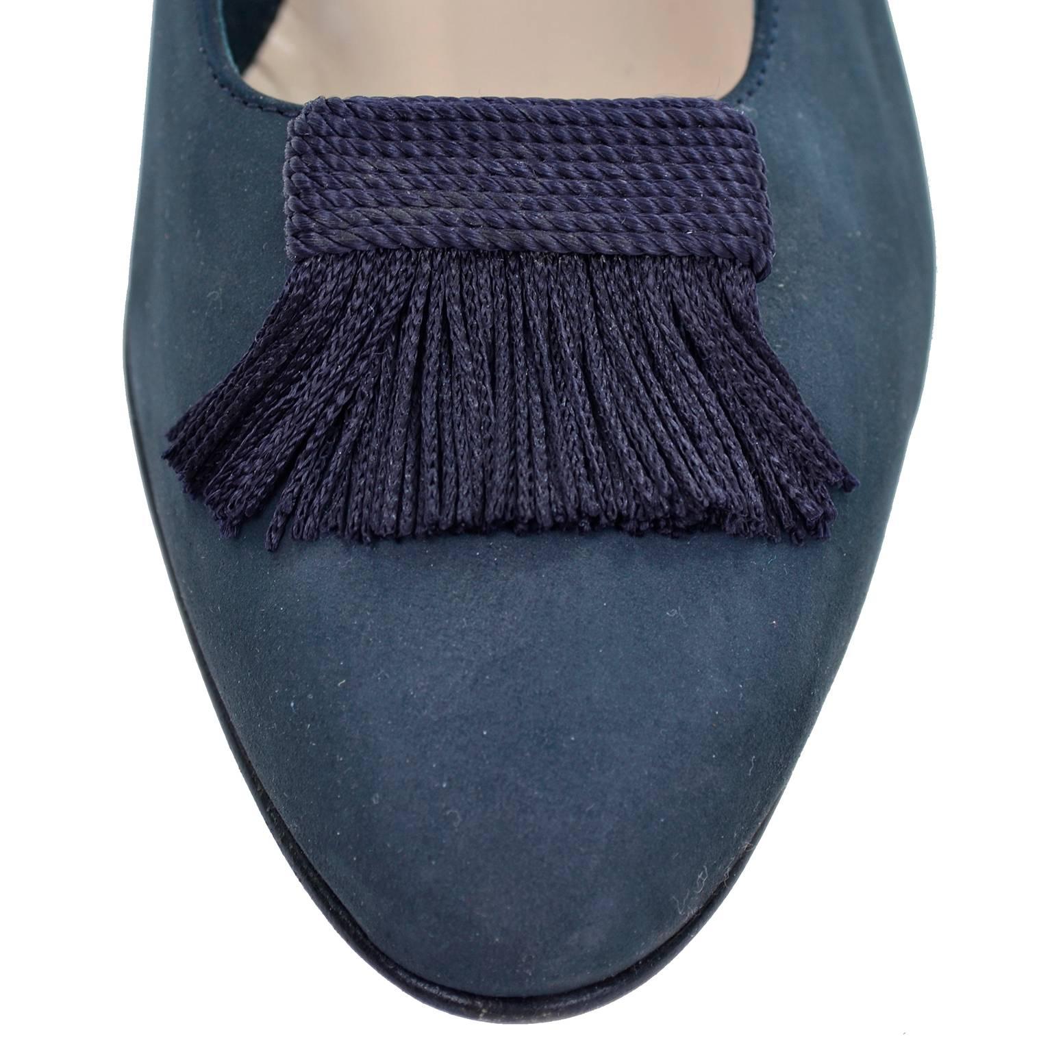 Black New Vintage Ferragamo Shoes in Navy Blue Suede with Fringed Tassels Size 8B