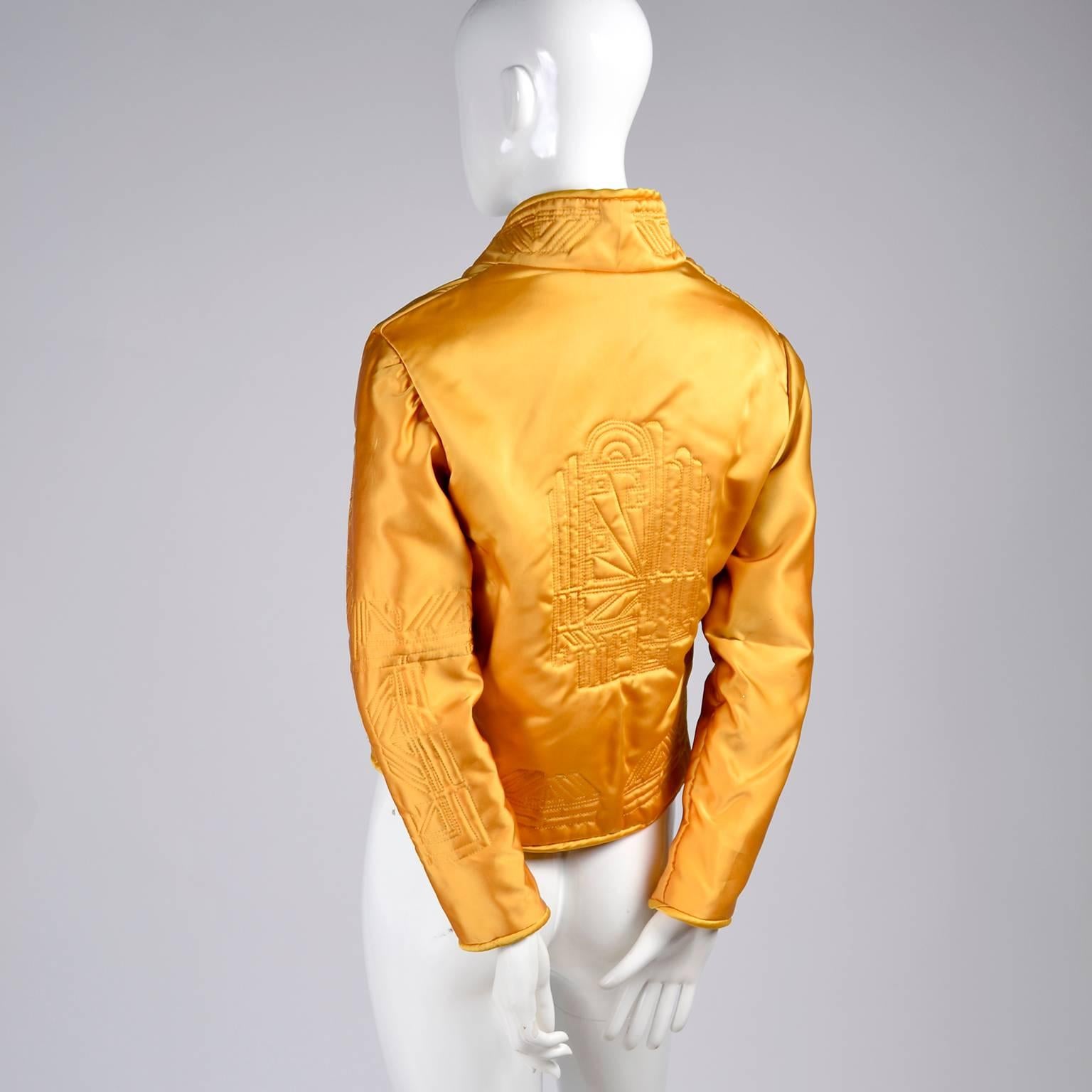 Women's 1980s Vintage Jacket in Art Deco Inspired Quilted Gold Silk Fabric
