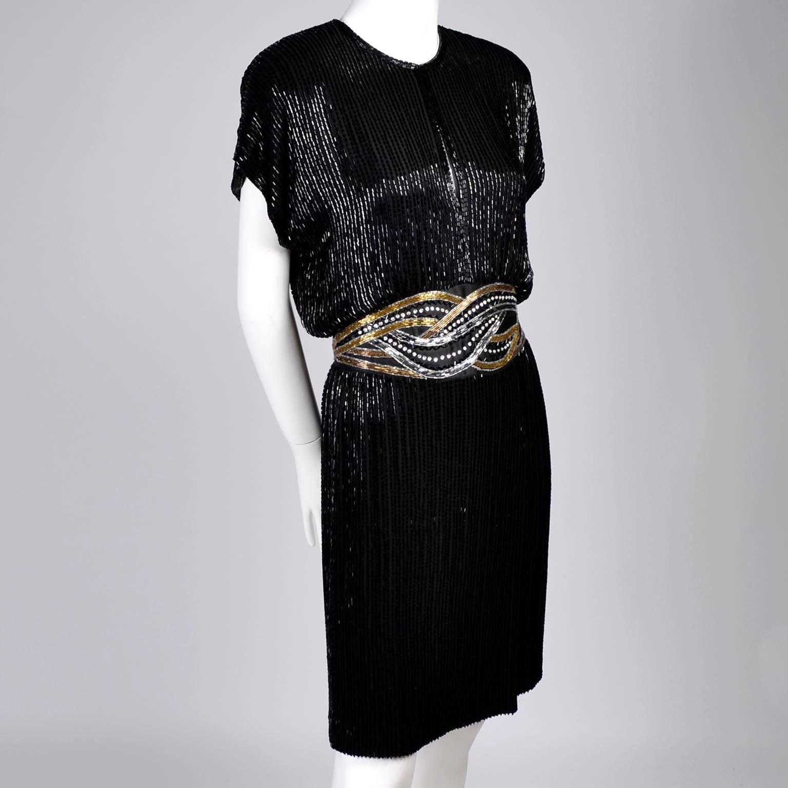 1980s Bob Mackie Vintage Dress Black Silver & Gold Beaded Cocktail Dress 2