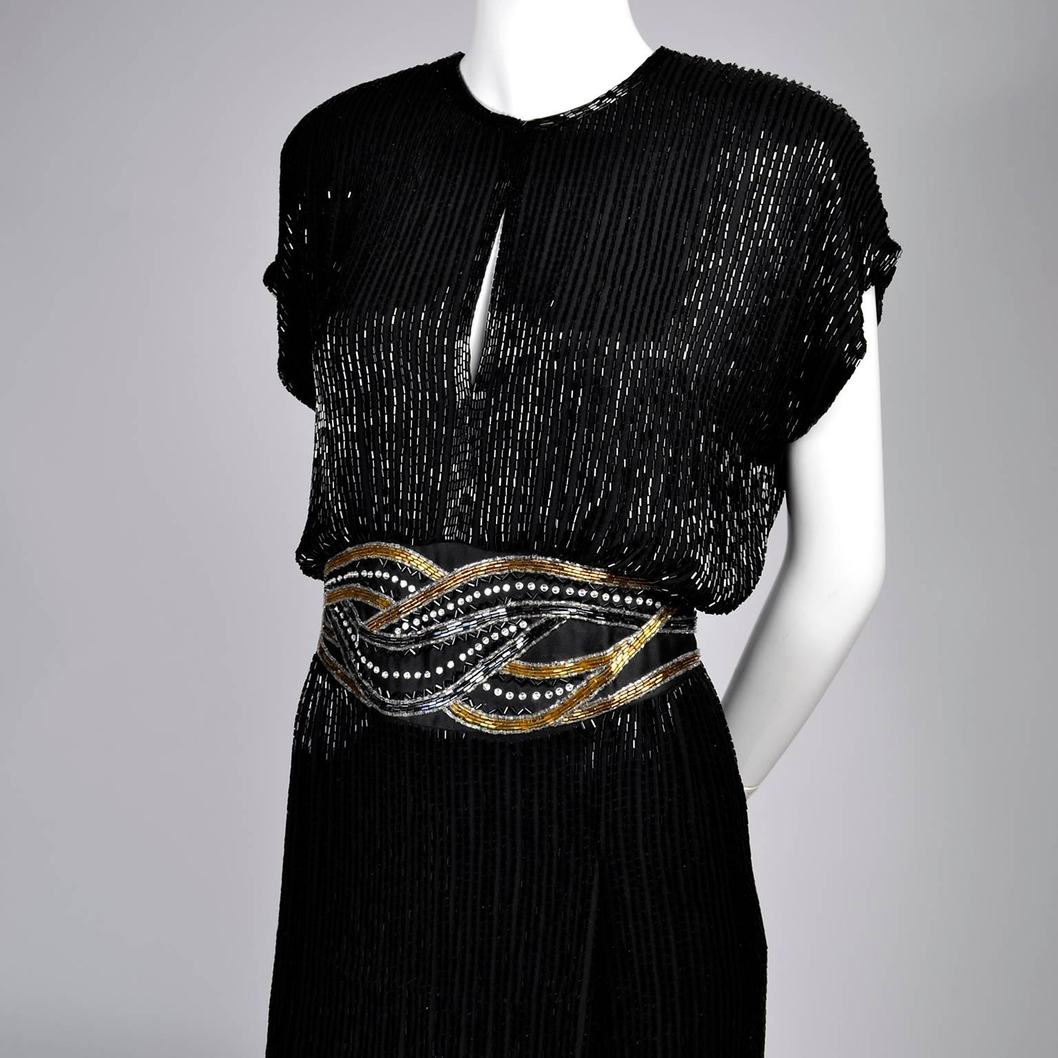 1980s Bob Mackie Vintage Dress Black Silver & Gold Beaded Cocktail Dress In Excellent Condition In Portland, OR