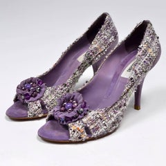 Vintage Open Toe Moschino Purple Tweed Shoes with Beaded Bows Rosettes Size 37