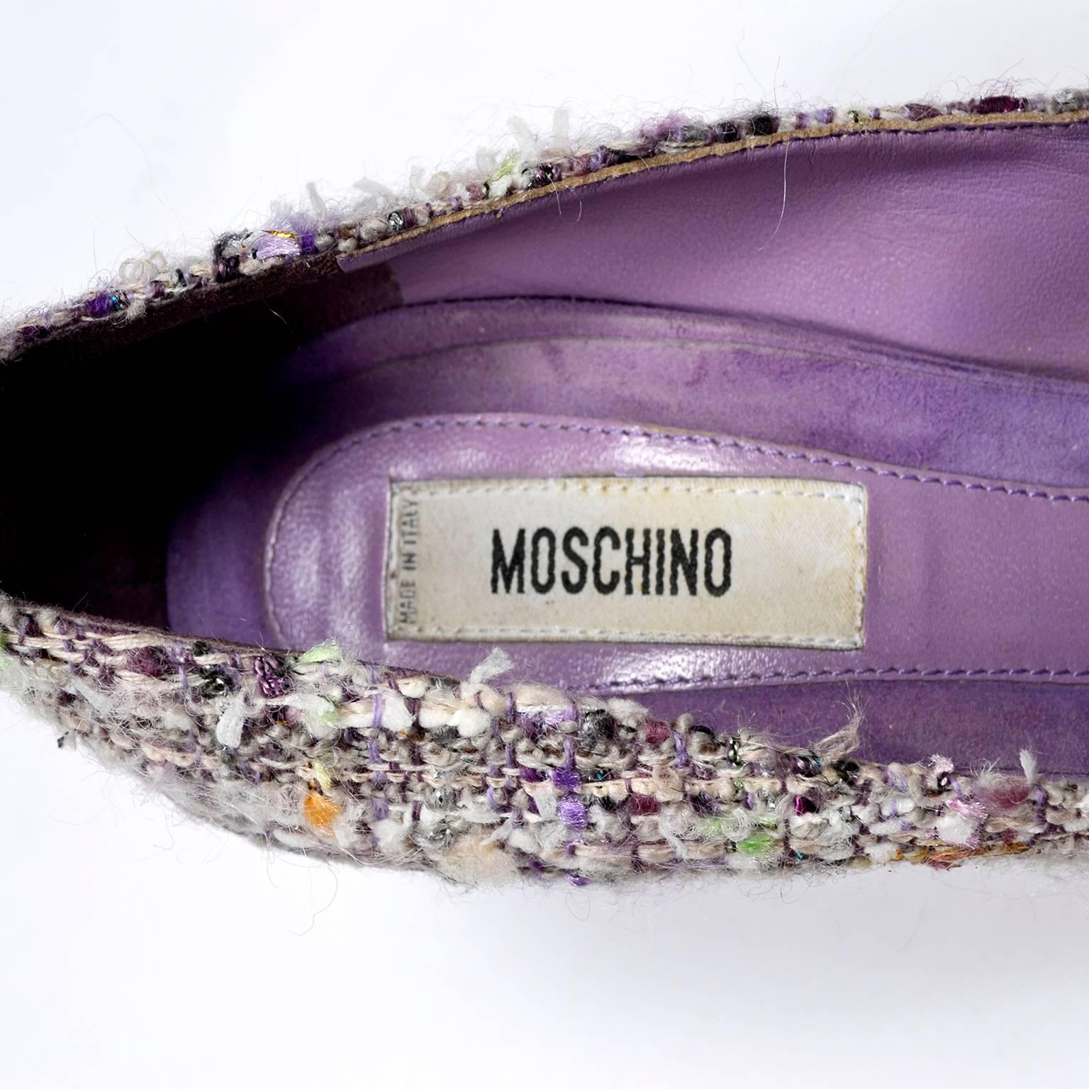 Women's Vintage Open Toe Moschino Purple Tweed Shoes with Beaded Bows Rosettes Size 37 For Sale