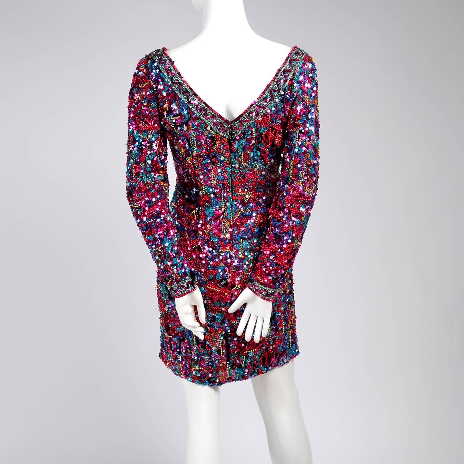 Women's Silk Oleg Cassini Vintage Dress With Colorful Sequins & Beaded 