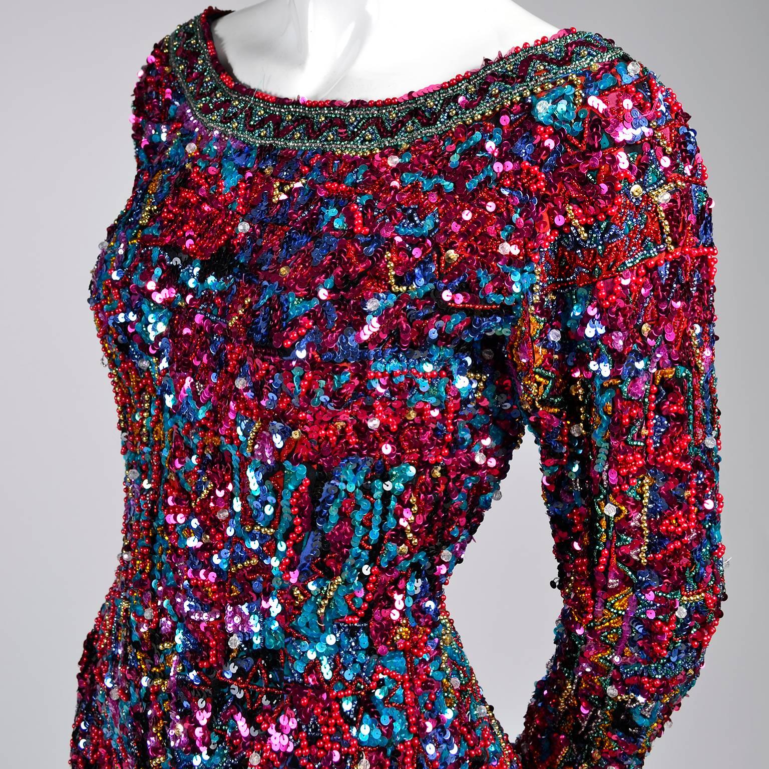 Silk Oleg Cassini Vintage Dress With Colorful Sequins & Beaded  In Excellent Condition In Portland, OR