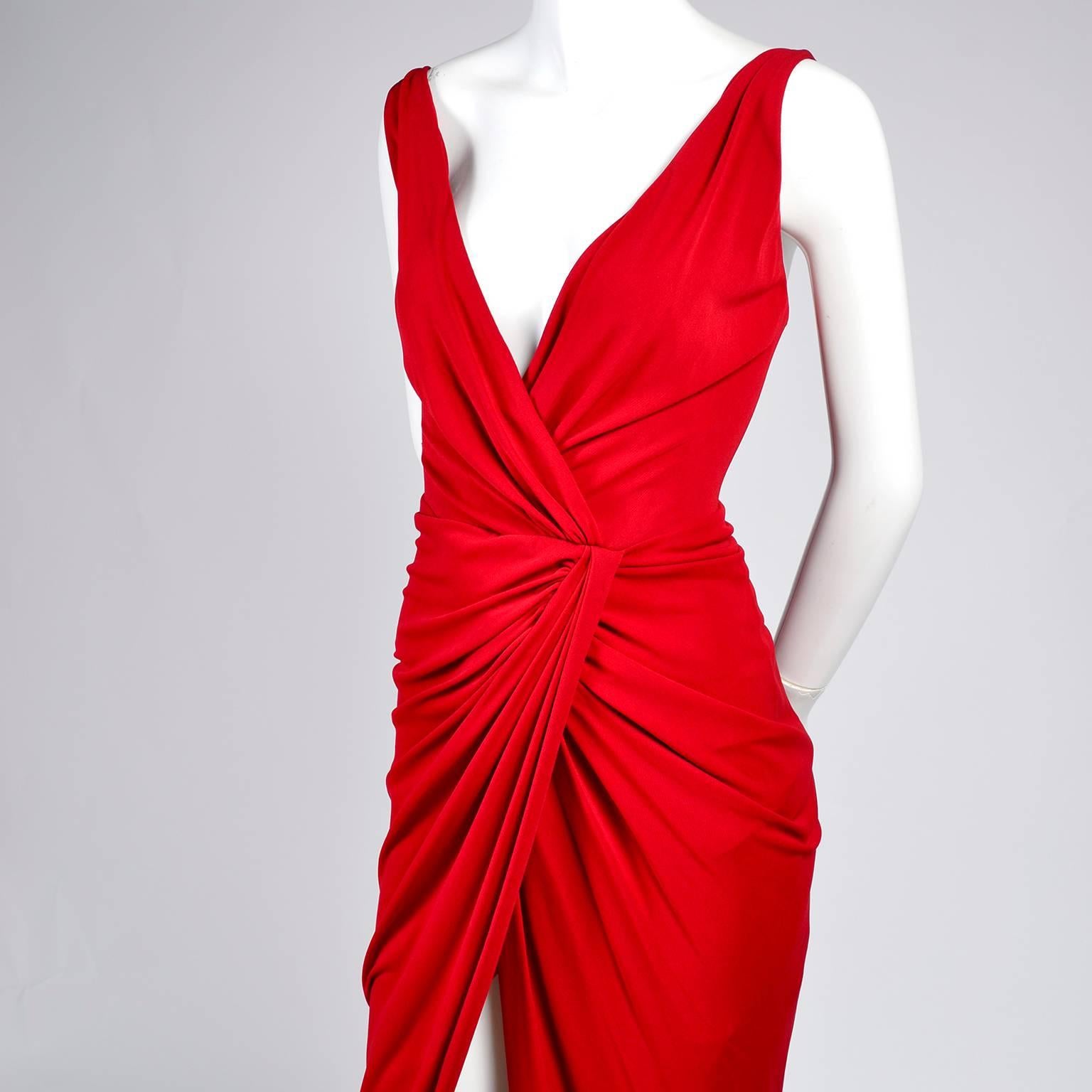 1990s Randolph Duke Red Dress Draped Body Hugging Jersey Vintage Evening Gown In Excellent Condition In Portland, OR