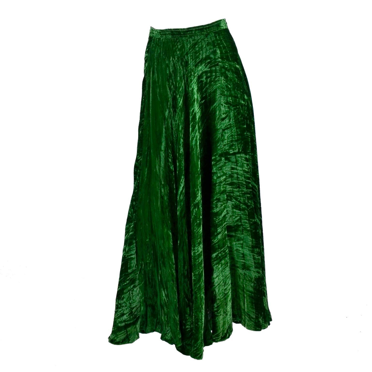 1970s Yves Saint Laurent YSL Vintage Skirt in Green Crushed Velvet