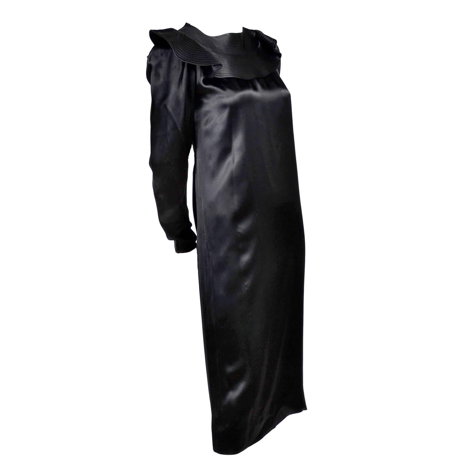 1970s Albert Nipon Vintage Dress in Black Satin With Ruff Collar