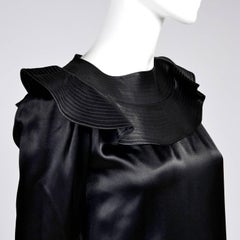 1970s Albert Nipon Vintage Dress in Black Satin With Ruff Collar