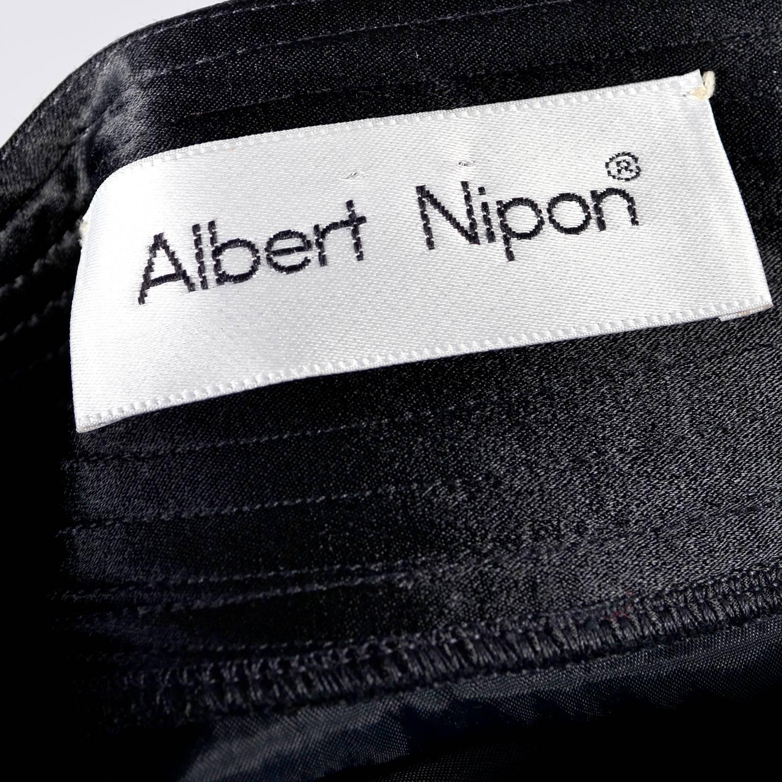 Women's 1970s Albert Nipon Vintage Dress in Black Satin With Ruff Collar For Sale