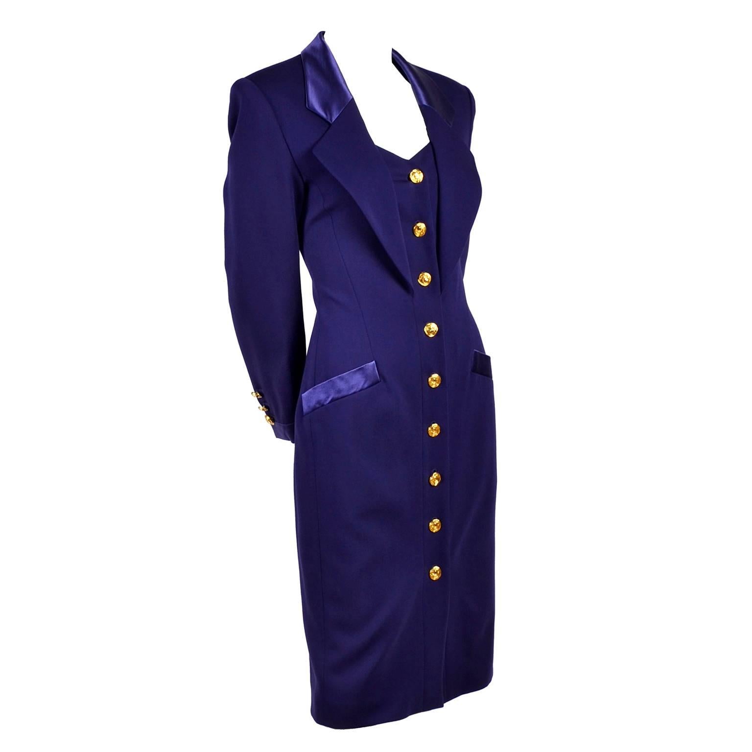 New 1980s Escada Vintage Dress in Tuxedo Style Purple Wool W/ Satin Trim w Tags
