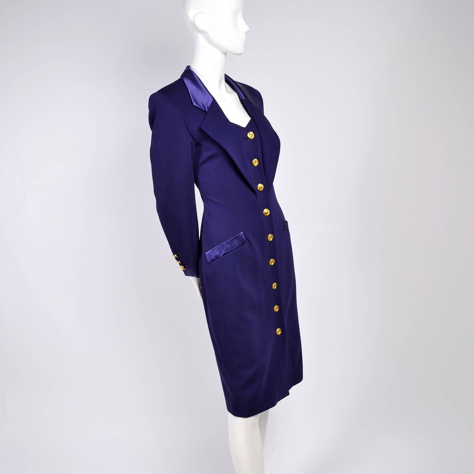 New 1980s Escada Vintage Dress in Tuxedo Style Purple Wool W/ Satin Trim w Tags In New Condition In Portland, OR