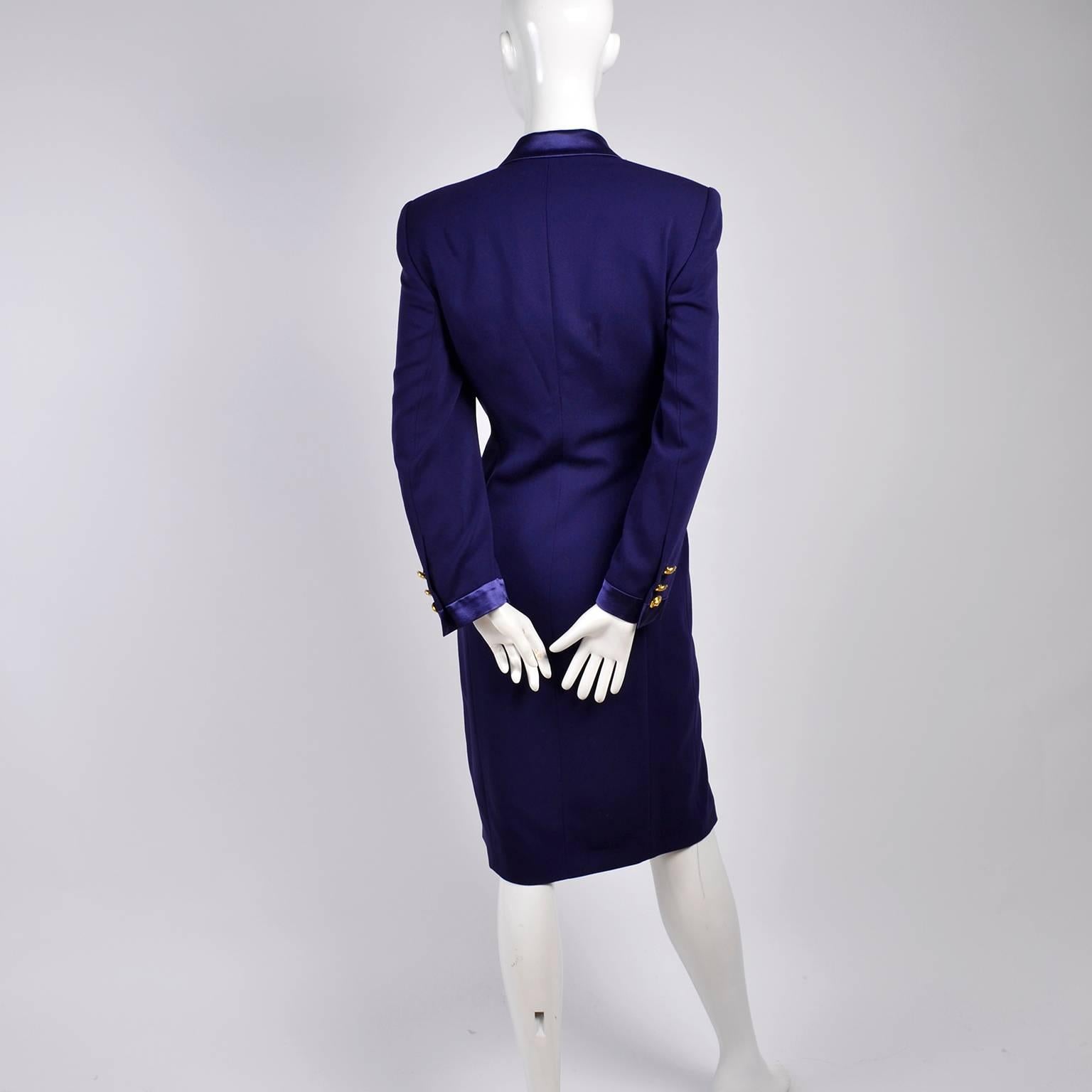 New 1980s Escada Vintage Dress in Tuxedo Style Purple Wool W/ Satin Trim w Tags 1