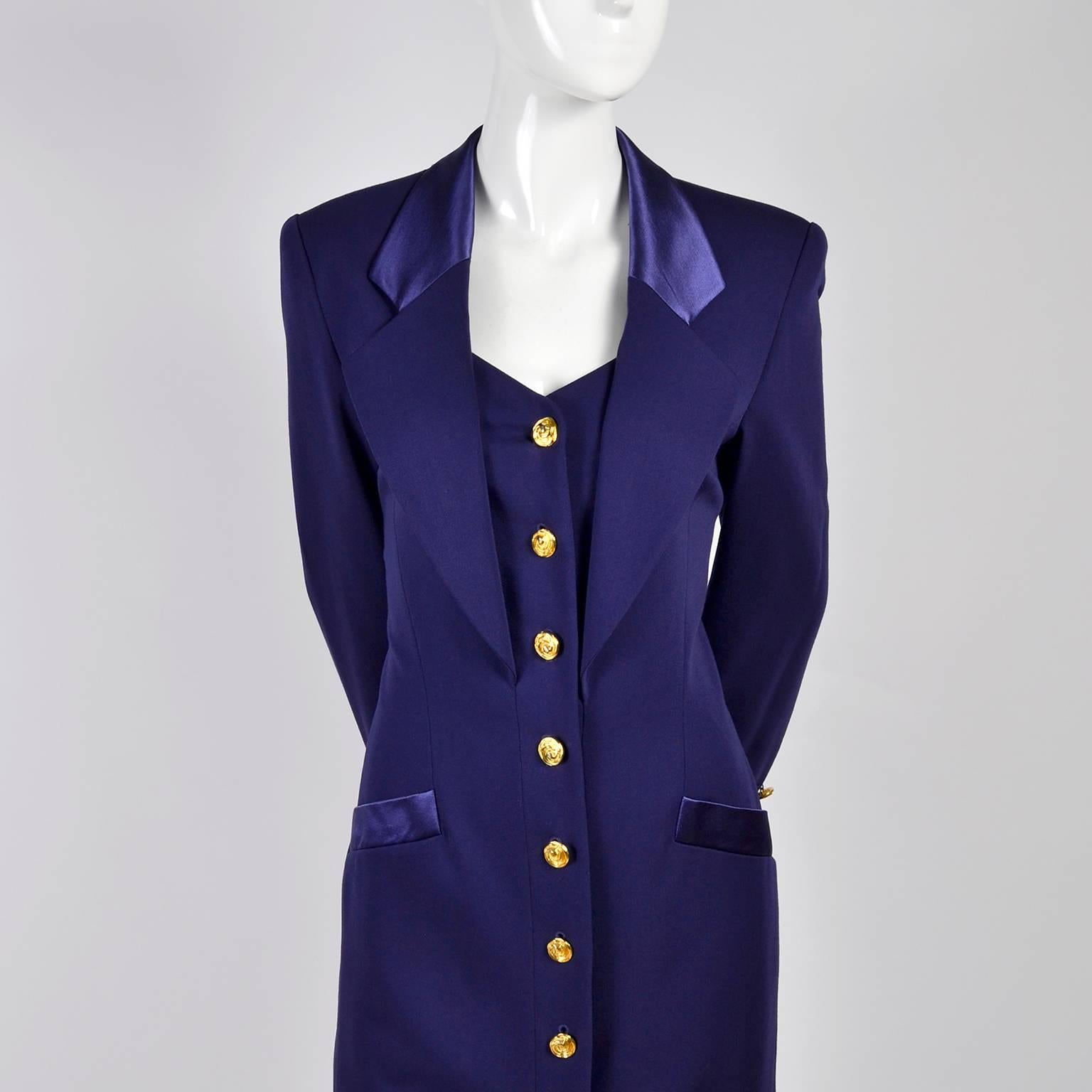Women's New 1980s Escada Vintage Dress in Tuxedo Style Purple Wool W/ Satin Trim w Tags