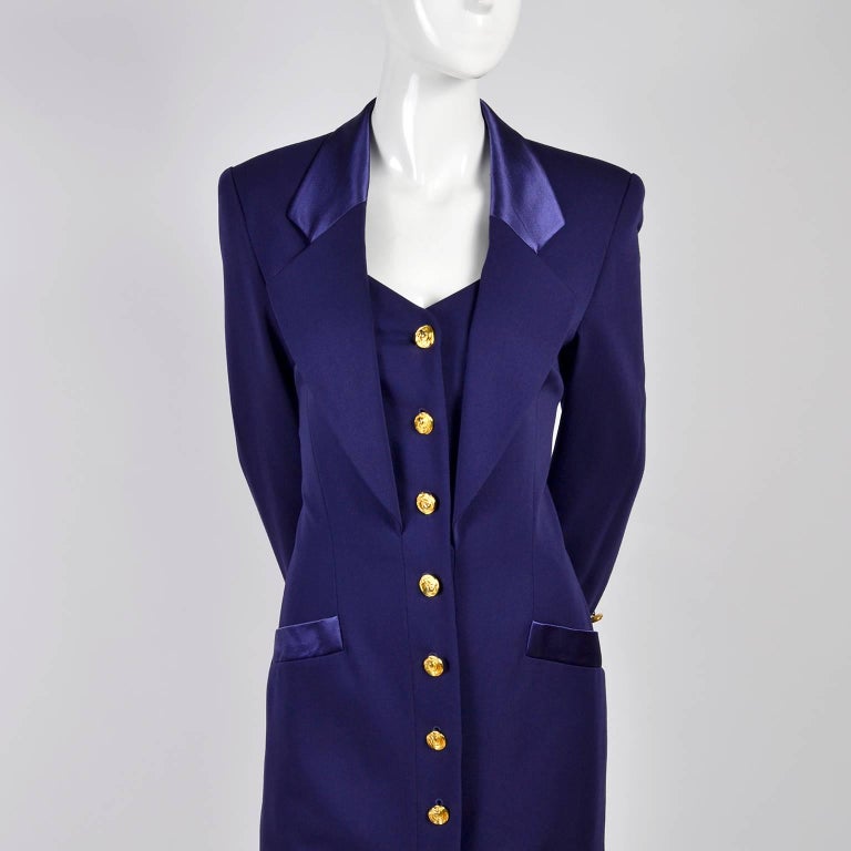 New 1980s Escada Vintage Dress in Tuxedo Style Purple Wool W/ Satin ...