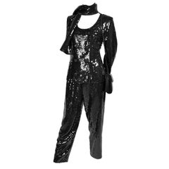 Vintage YSL Yves Saint Laurent Black Sequin Evening Pant Suit W/ Top Bag & Scarf