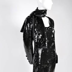 Vintage YSL Yves Saint Laurent Black Sequin Evening Pant Suit W/ Top Bag & Scarf