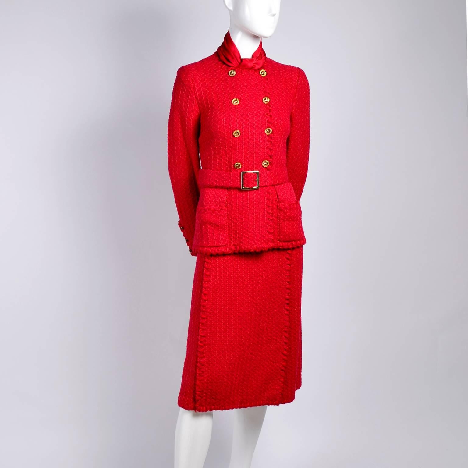 Vintage 1981 Adolfo Red Wool Skirt Suit Made Famous by First Lady Nancy Regan In Excellent Condition In Portland, OR